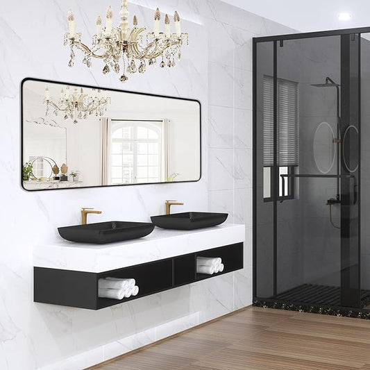 Wall Mount Mirror for Bathroom, Brushed Black Metal Framed Large Rounded Corner Rectangular Vanity Mirror, Tempered Glass (28" x 60", Black)