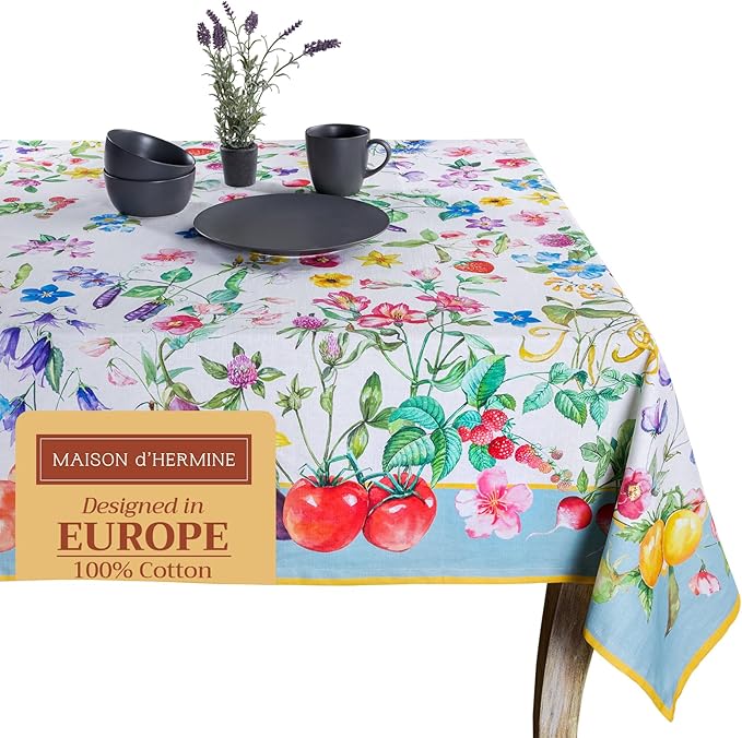 Maison d' Hermine Table Cloth Rectangle Table 100% Cotton 54 x 72 Inches Tablecloth Reusable Decorative Everyday Use for Dining Room, Farmhouse, Home, Party, Festive & Wedding Spring Summer - Giverny