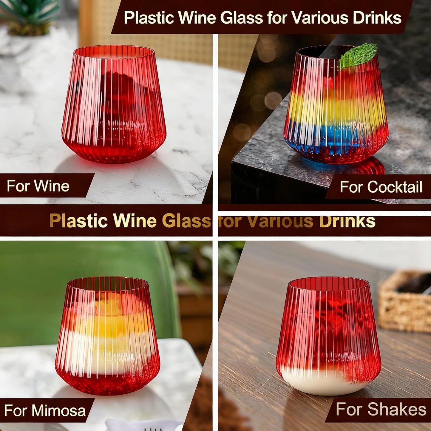 40 Pack Plastic Ribbed Wine Glasses, 14Oz Origami Disposable Wine Glasses Unbreakable Clear Plastic Cocktail Glasses Recyclable Shatterproof Reusable Wine Cups (14oz-red-40pack)