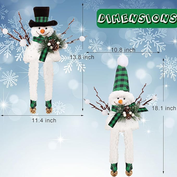 Lulu Home Christmas Snowman Decorations, Set of 2 Plush Shelf Sitters with Dangling Legs, Black & Green Checked Snowman Ornaments for Table Mantel Desk Fireplace Home Holiday Decor