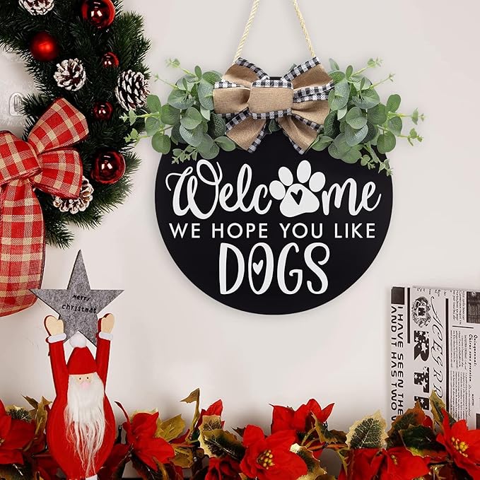 Welcome We Hope You Like Dogs Farmhouse Door Sign for Front Door Porch Decor with Eucalyptus Leaves & Buffalo Bow - Welcome Wreath Sign Hanging for Dogs Lovers Spring Summer Decor Housewarming Gift