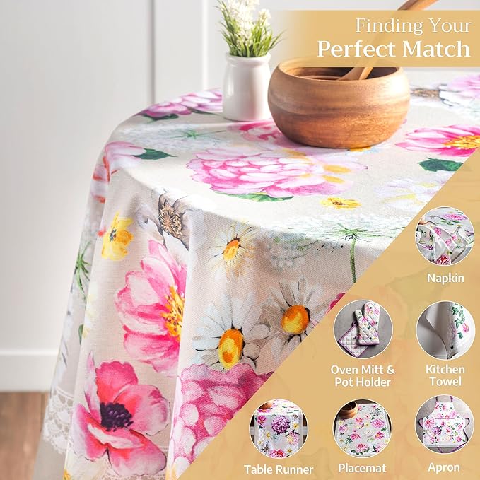 Maison d' Hermine Table Cloth Round Table 100% Cotton 63 Inches Tablecloth Reusable Decorative Everyday Use for Dining Room, Farmhouse, Home, Party, Festive & Wedding Spring Summer - Pivoine