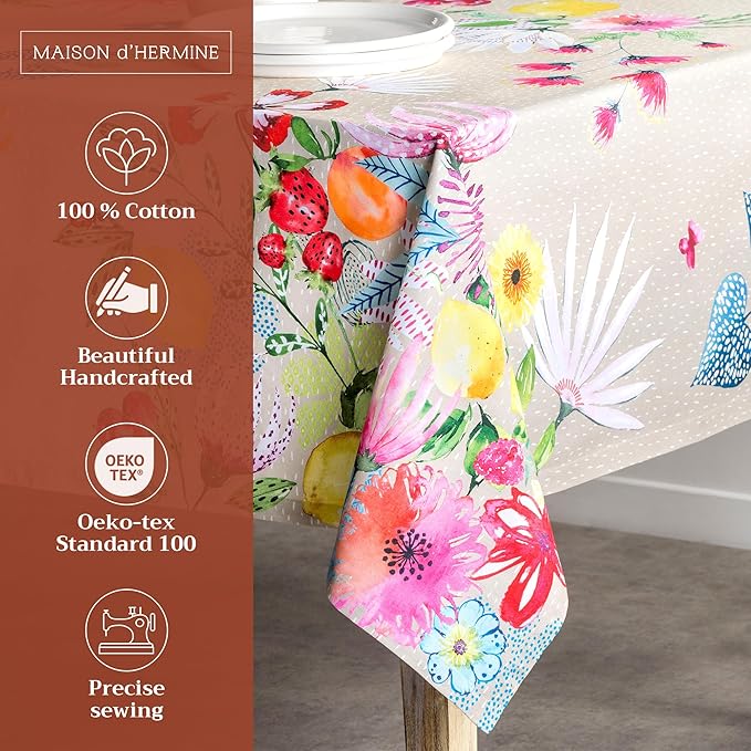 Maison d' Hermine Table Cloth Rectangle Table 100% Cotton 54 x 72 Inches Tablecloth Reusable Decorative for Dining Room, Farmhouse, Home, Party, Festive & Wedding Spring Summer - Jardin D'Ete - Fog