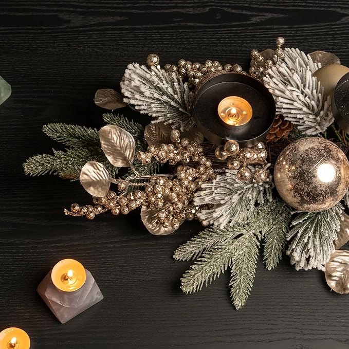 YULETIME 28" Christmas Triple Candelabrum, Holiday Candle Holder with Three Trays, Gold Baubles, Golden Berries & Leaves, Snowy Flocked Pine Needles