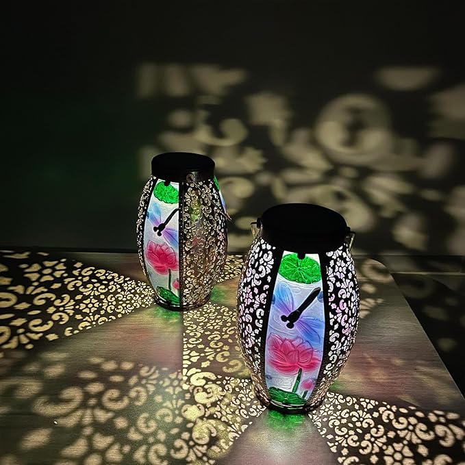 2PCS Dragonfly Solar Lanterns Glass & Metal Hanging Light Outdoor Waterproof 16" H Tabletop Lamp with Hollowed-Out Design with Shepherd's Hooks for Garden Patio Table Decor