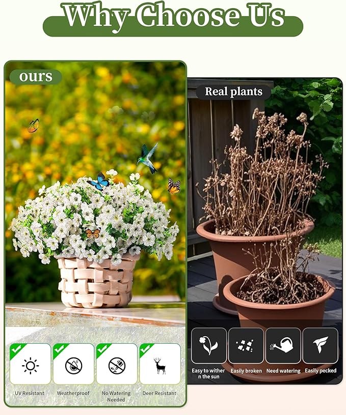 Faux Flowers for Outdoor Planters 16 Bundles UV Resistant Fake Artificial Eucalyptus Plants Outside Spring Summer Yard Decoration Realistic Silk Daisy for Patio,Front Porch,Garden,Pots Decor