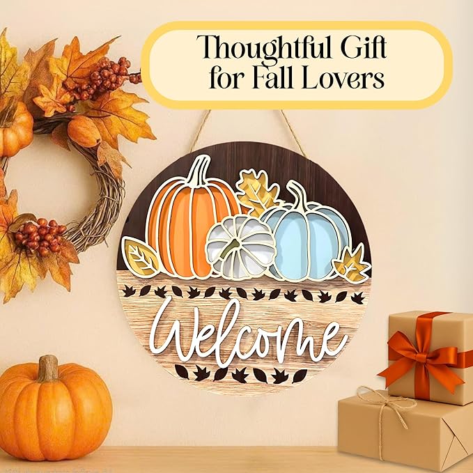 Fall Door Decor Pumpkin Welcome Sign – 3D Layered Wood Fall Door Hanger with Autumn Leaves – Rustic Front Door Sign for Fall, Thanksgiving – Elegant Cutout Pumpkin Design (10"x10")