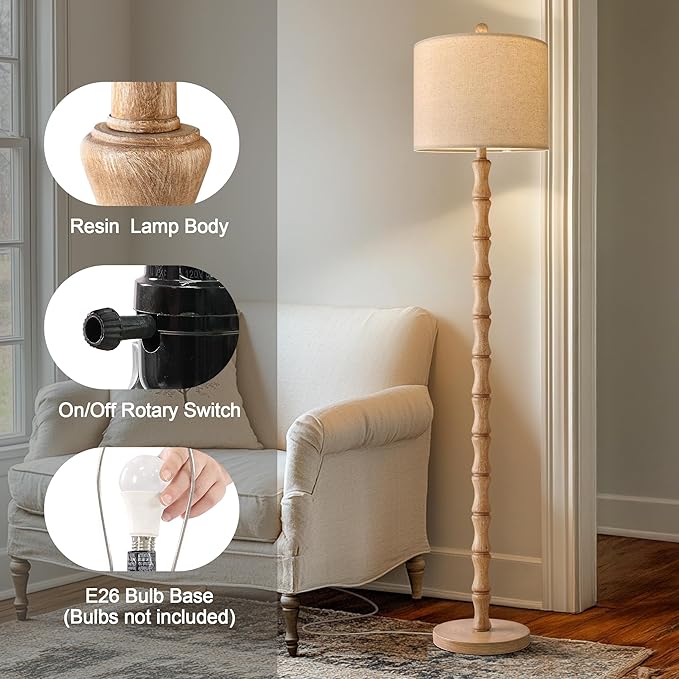 BOBOMOMO 62" Farmhouse Floor Lamp for Living Room, Retro Corner Floor Lamp Rotary Switch, Rustic Standing Lamp for Bedroom, Corner, Nursery, Dining Room, Bedroom, House
