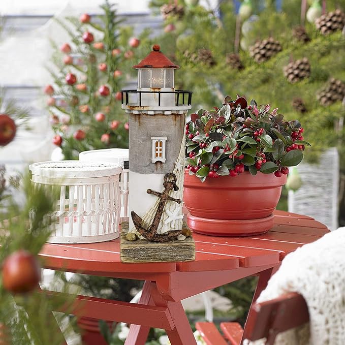 Wooden Lighthouse With Light - Rustic Nautical Ocean Sea Beach Themed Decoration, Handcrafted Tabletop Home and Bathroom Decor (11.4"H)