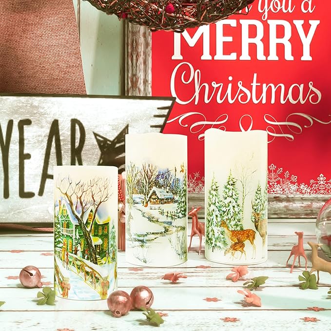 Christmas Flameless Candles Real Wax LED Candles Decor Battery Operated with Timer and Green Christmas Tree Decal,Set of 3,Warm Light