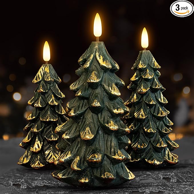 Green Christmas Tree Shaped Flameless Candles with Timer, Real Wax 3D Wick Flickering Battery Operated LED Candles for Christmas Home Party Decoration Set of 3