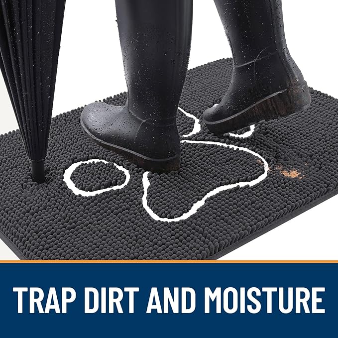 OLANLY Dog Door Mat for Muddy Paws 70x46, Paw Print Design, Absorbs Moisture and Dirt, Absorbent Non-Slip Washable Doormat, Quick Dry Chenille Mud Mat for Dogs, Entry Indoor Entryway Carpet, Dark Grey