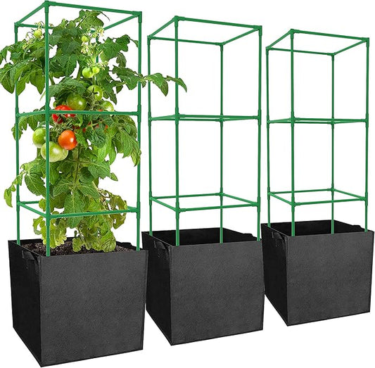 3 Packs 47 x 16 x 16 Inch Garden Tomato Cages with 17.7 Gallon Grow Bags- Square Plant Support Trellis Assembled with Planter Bags- Garden Cucumber Vegetables Frames for Vertical Climbing Plants