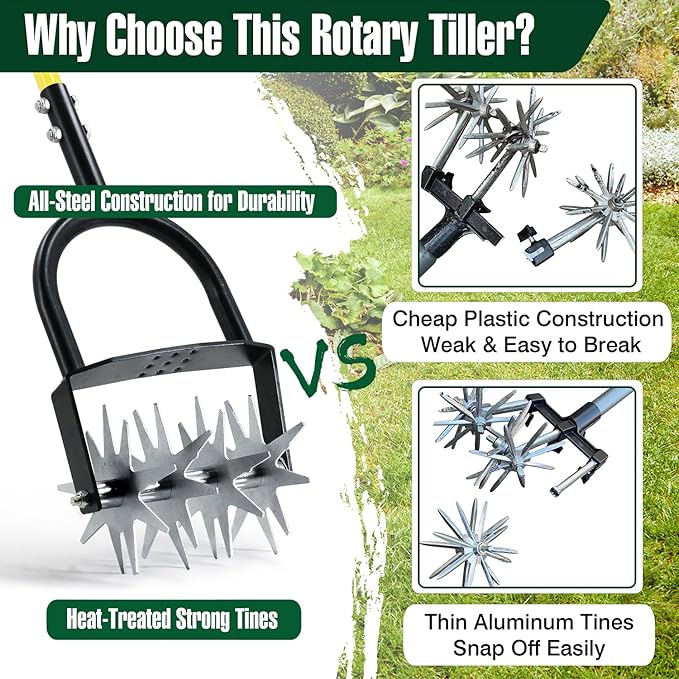 Jardineer Rotary Cultivator Garden Tool, Hand Tiller for Gardening with Labor-Saving Handle Design, Manual Tiller for Reseeding Grass or Soil Mixing