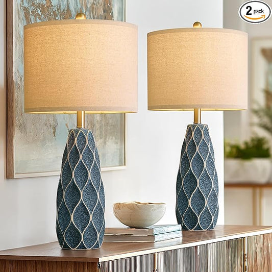 27.5" Ceramic Table Lamps for Living Room Bedroom Lamps Set of 2 Modern Boho Bedside Lamps Night Stands Farmhouse Vintage Large Nightstand Lamp Reading Light Home Office Dorm Desk Deco Gifts, Blue