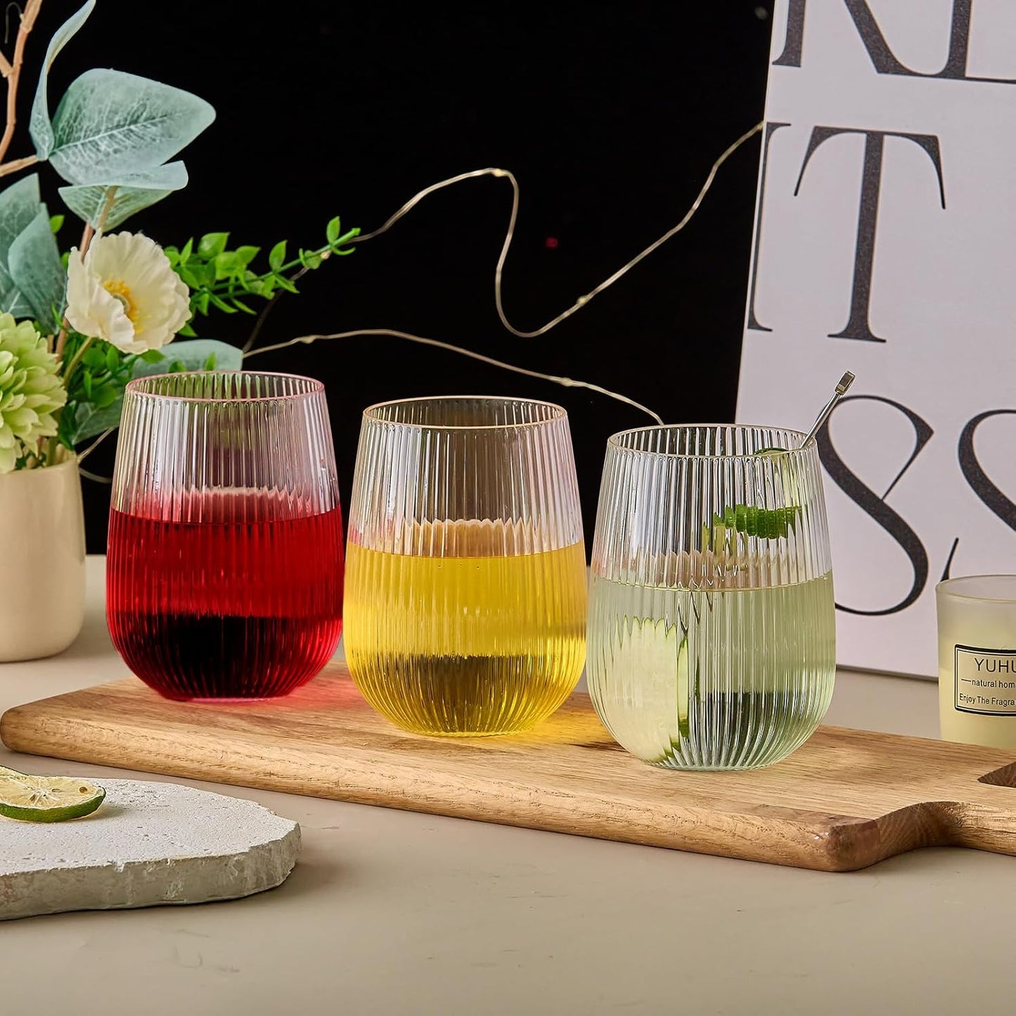 36 Pack Plastic Ribbed Wine Glasses, 15Oz Origami Disposable Wine Glasses Unbreakable Clear Plastic Cocktail Glasses Recyclable Shatterproof Reusable Wine Cups