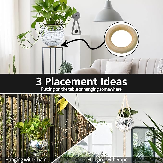 Disco Ball Planter, 2pcs 6" Silver Disco Ball Planter, Disco Ball Plant Hanger with Hanging Rope, Hanging Chain, Hook, Circle and Extra Mirror Pieces (6" Silver, 2pcs)