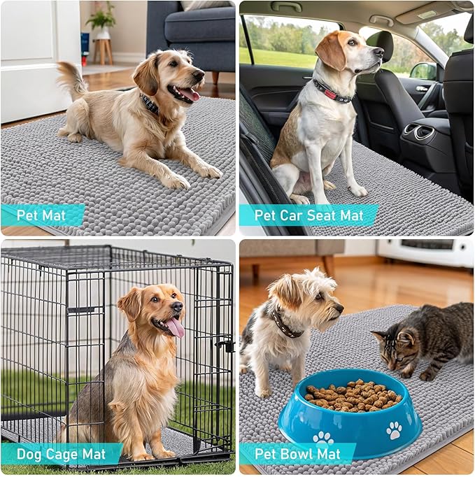 OLANLY Dog Door Mat for Muddy Paws 24x16, Absorbs Moisture and Dirt, Absorbent Non-Slip Washable Doormat, Quick Dry Chenille Mud Mat for Dogs, Entry Indoor Entryway Carpet for Inside Floor, Light Grey