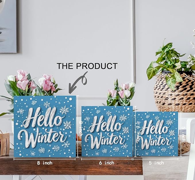 Hello Winter Sign, Blue Winter Snowflake Wooden Box Sign, Blue Christmas Decorations, Farmhouse Christmas Wood Signs for Home Office Desk Table Shelf Decor, 8x8 Inch