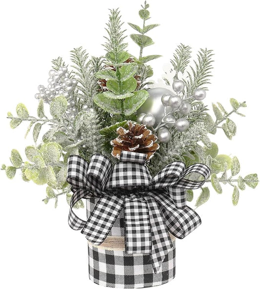 Small Buffalo Check Plaid Christmas Tree, Artificial Mini Tabletop Christmas Tree Decorations, for Winter Home Hliday Party Xmas Decor - Black/White.