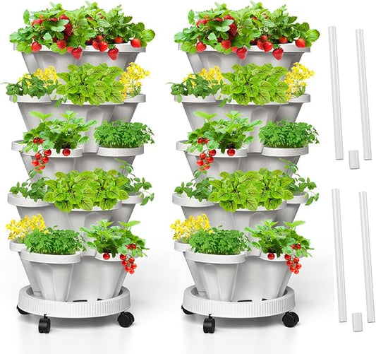 Strawberry Vertical Planter, 5 Tiered Stacking Garden Tower, Stackable Herb Vegetable Planters with Support Pole Indoor and Outdoor - White