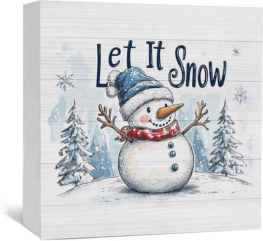 Let It Snow Sign, Christmas Snowman Wooden Box Sign, Farmhouse Winter Wood Signs For Home Office Desk Shelf Table Decor, Snowman Christmas Decorations, Winter Home Decor, 6x6 Inch