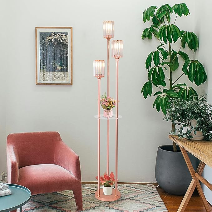 HMVPL Pink Floor Lamp for Living Room, Crystal Floor Lamp with Shelves, Girls Standing Lamp with Table, Modern Corner Lamp with On/Off Switch, Unique Tall Lamp for Bedroom Nursery Office