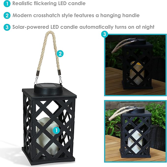 Sunnydaze Modern Crosshatch 9-Inch Solar LED Decorative Candle Lantern - Tabletop/Hanging Light - Set of 2 - Black