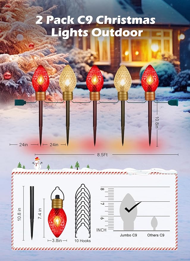 2 Pack Jumbo C9 Christmas Pathway Lights Outdoor - 8.5 Feet 5 C9 Walkway Lights, C7 Covered Jumbo Strawberry Red Bulb Christmas Decorations for Lawn Outside