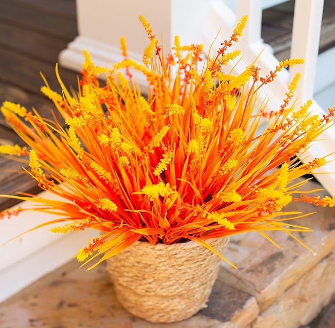 Artificial Fall Fake Outdoor Plants Flowers for Autumn Decoration,10 Bundles Faux Plastic Tall Monkey Grass Greenery UV Resistant Realistic for Home Outside Planter Window Porch Patio Garden (Orange)