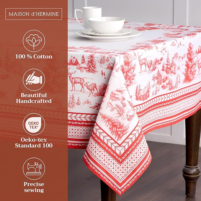 Maison d' Hermine Table Cloth Rectangle Table 100% Cotton 70 x 120 Inches Fall Tablecloth Reusable Everyday Use for Thanksgiving Christmas Decorations Dining Farmhouse Party (Winter Jouy)