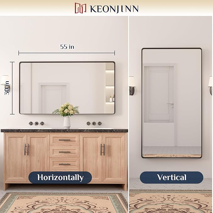 Keonjinn Black Bathroom Mirror - 55 x 30 Inch Large Metal Framed Wall Mirror, HD Tempered Glass, Modern Decorative Mirror (Horizontal/Vertical)