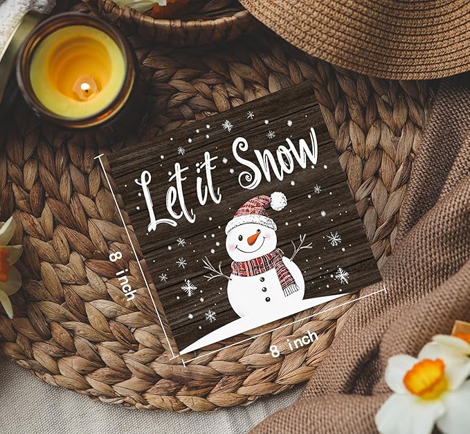 Let It Snow Sign, Christmas Snowman Snowflake Wooden Box Sign, Snowman Christmas Decorations, Winter Wood Signs for Home Office Desk Table Shelf Decor, 8x8 Inch