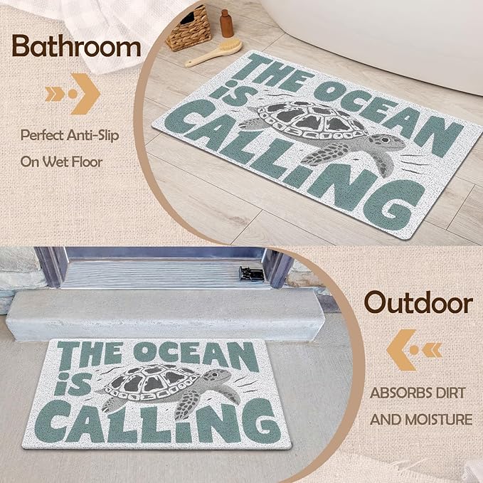 Sea Turtle Beach Door Mat, Coastal Beach Welcome Mats for Front Door, Nautical The Ocean is Calling Doormat Indoor Outdoor Entrance Outside Inside Entryway, 17x30 Inch
