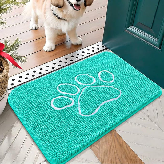 OLANLY Dog Door Mat for Muddy Paws 24x16, Paw Print Design, Absorbs Moisture and Dirt, Absorbent Non-Slip Washable Doormat, Quick Dry Chenille Mud Mat for Dogs, Entry Indoor Entryway Carpet, Teal