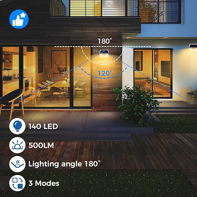 Peasur White Frame Solar Motion Sensor Lights Outdoor - 2 Packs, 180LED Warm Solar Wall Lights, Waterproof, 3 Modes Fence Security Lighting for Deck, Yard, Stairs, Garden