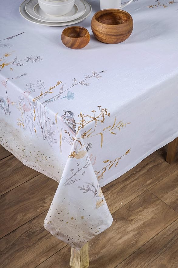 Maison d' Hermine Table Cloth Rectangle Table 100% Cotton 60 x 90 Inches Tablecloth Reusable for Dining Room, Farmhouse, Home, Party, Festive & Wedding Spring Summer - Meadow Florals - Beige