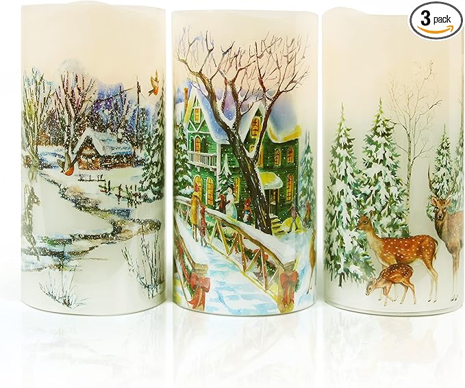 Christmas Flameless Candles Real Wax LED Candles Decor Battery Operated with Timer and Green Christmas Tree Decal,Set of 3,Warm Light