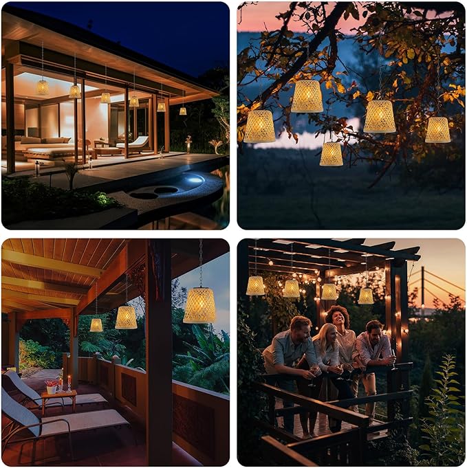 2-Pack Bamboo Woven Outdoor Chandelier Small Hanging Rattan Solar Pendant Lights Modern Retro Boho Pendant for Gazebo Yard Porch Patio Garden Backyard Decor