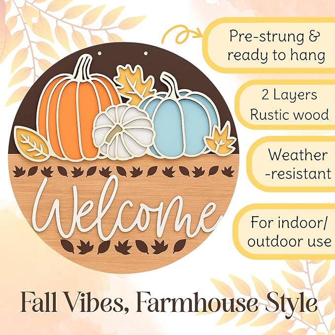 Fall Door Decor Pumpkin Welcome Sign – 3D Layered Wood Fall Door Hanger with Autumn Leaves – Rustic Front Door Sign for Fall, Thanksgiving – Elegant Cutout Pumpkin Design (10"x10")