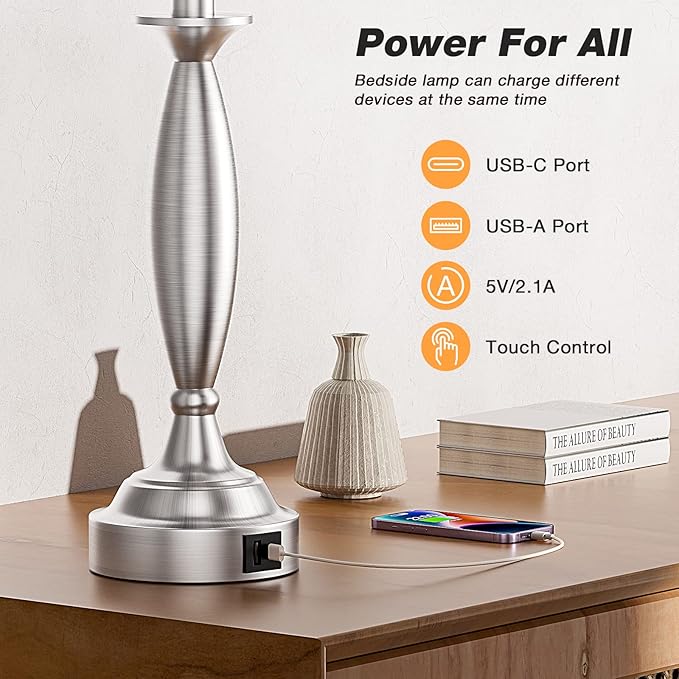 Bedrooms Touch Control Bedside Lamp with USB C+A, 3 Way Dimmable Nightstand Lamps with USB Port, Brushed Nickel Table Lamp for Living Room Guest Room Bed Side End Table, Set of 2