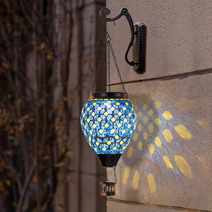 Mosaic Hot Air Balloon Solar Lantern with Flickering Flame, Blue Mosaic Hanging Solar Lantern Lights Outdoor Waterproof for Garden Patio Gifts for Women Mom Grandma