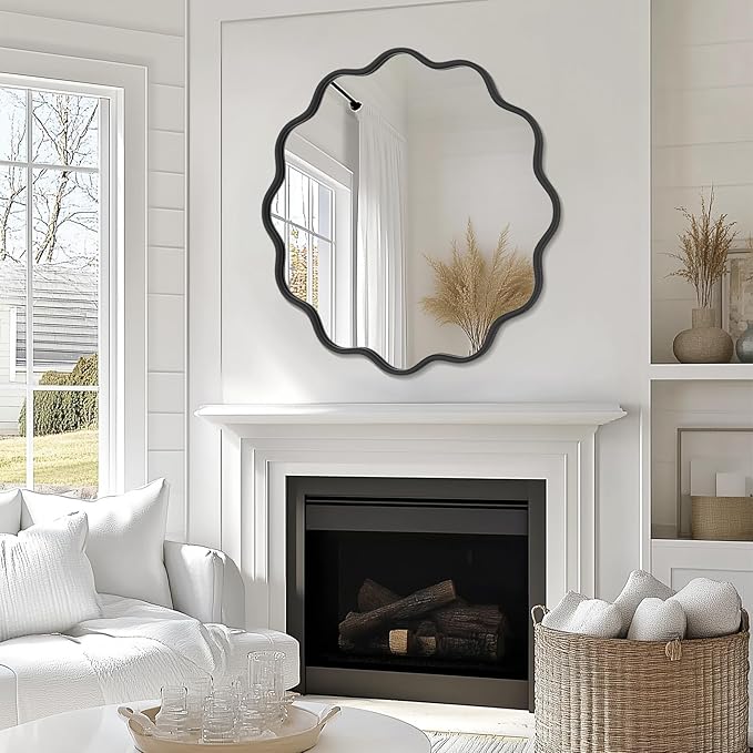 PROHOMEWARE Black Round Mirror 36 Inch Wavy Bathroom Vanity Mirror Black Frame Modern Wall Mirror Decorative Wall-Mounte Anti-Rust, Tempered Glass