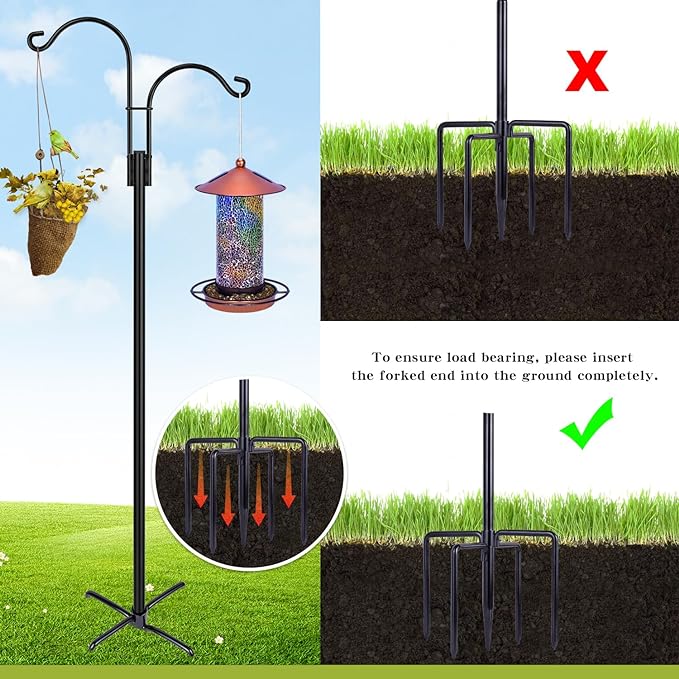 XDW-GIFTS Double Shepherds Hooks for Outdoor, 2-Pack Heavy Duty Garden Pole for Hanging Bird Feeder, Plant Baskets, Solar Light Lanterns, Garden Plant Hanger Stands with 5 Base Prongs