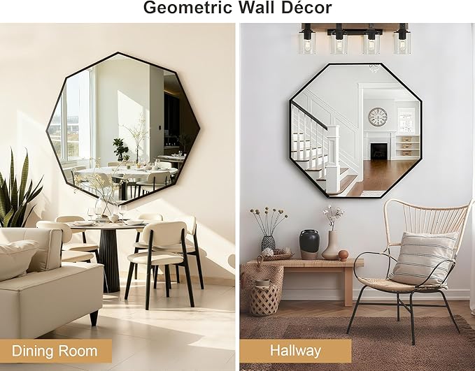 Octagon Mirror for Wall 24 Inch Black Metal Frame, Glassless Bathroom Mirrors for Over Sink, No Drill Adhesive Wall Decor for Entryway Vanity Living Room Dining Room Bedroom