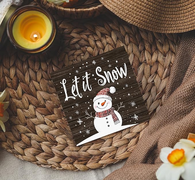 Let It Snow Sign, Christmas Snowman Snowflake Wooden Box Sign, Snowman Christmas Decorations, Winter Wood Signs for Home Office Desk Table Shelf Decor, 5x5 Inch