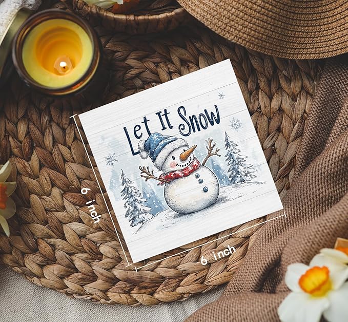 Let It Snow Sign, Christmas Snowman Wooden Box Sign, Farmhouse Winter Wood Signs For Home Office Desk Shelf Table Decor, Snowman Christmas Decorations, Winter Home Decor, 6x6 Inch