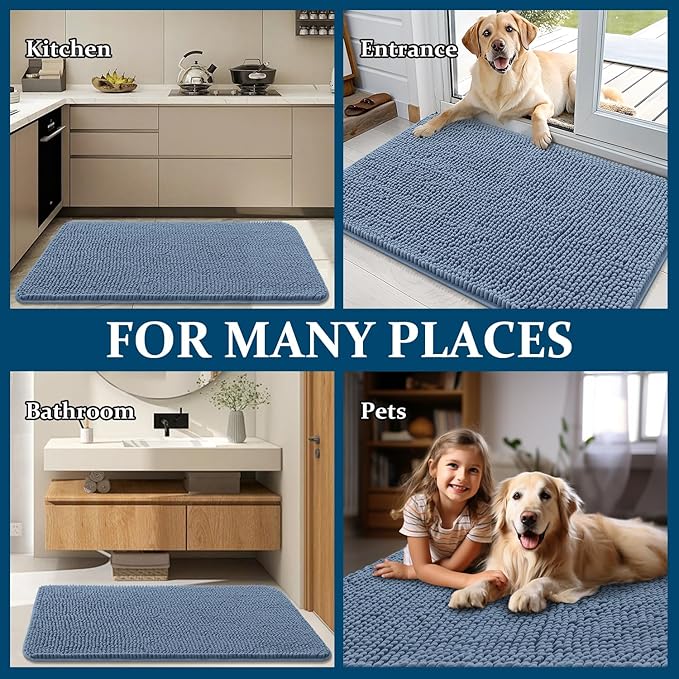 OLANLY Dog Door Mat for Muddy Paws 59x35, Absorbs Moisture and Dirt, Absorbent Non-Slip Washable Doormat, Quick Dry Chenille Mud Mat for Dogs, Entry Indoor Entryway Carpet for Inside Floor, Airy Blue