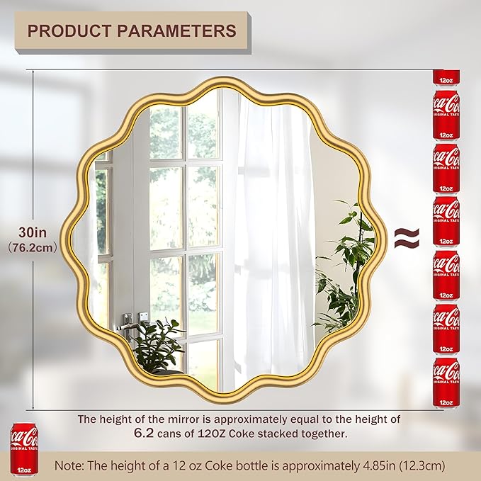PROHOMEWARE Gold Round Mirror 30 Inch Wavy Bathroom Vanity Mirror Gold Frame Modern Wall Mirror Decorative Wall-Mounte Anti-Rust, Tempered Glass