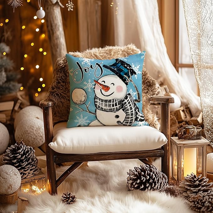 GEEORY Winter Chillin' with My Snowmies Throw Pillow Covers 18x18 Inch Set of 4, Snowmen Let it Snow Shake Your Flakes Blue Holiday Farmhouse Decorative Cushion Cases for Home Decoration G640-18